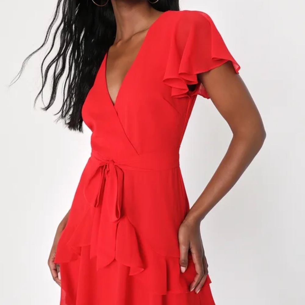 Lulu's Red A-line Mini Dress with Flutter Sleeves and Tie Front